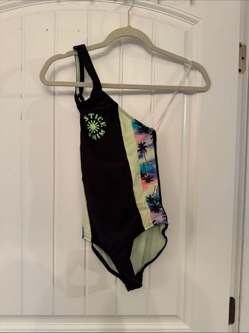Justice Girls One-Shoulder Black Swimsuit with Neon Lime & Tropical Print